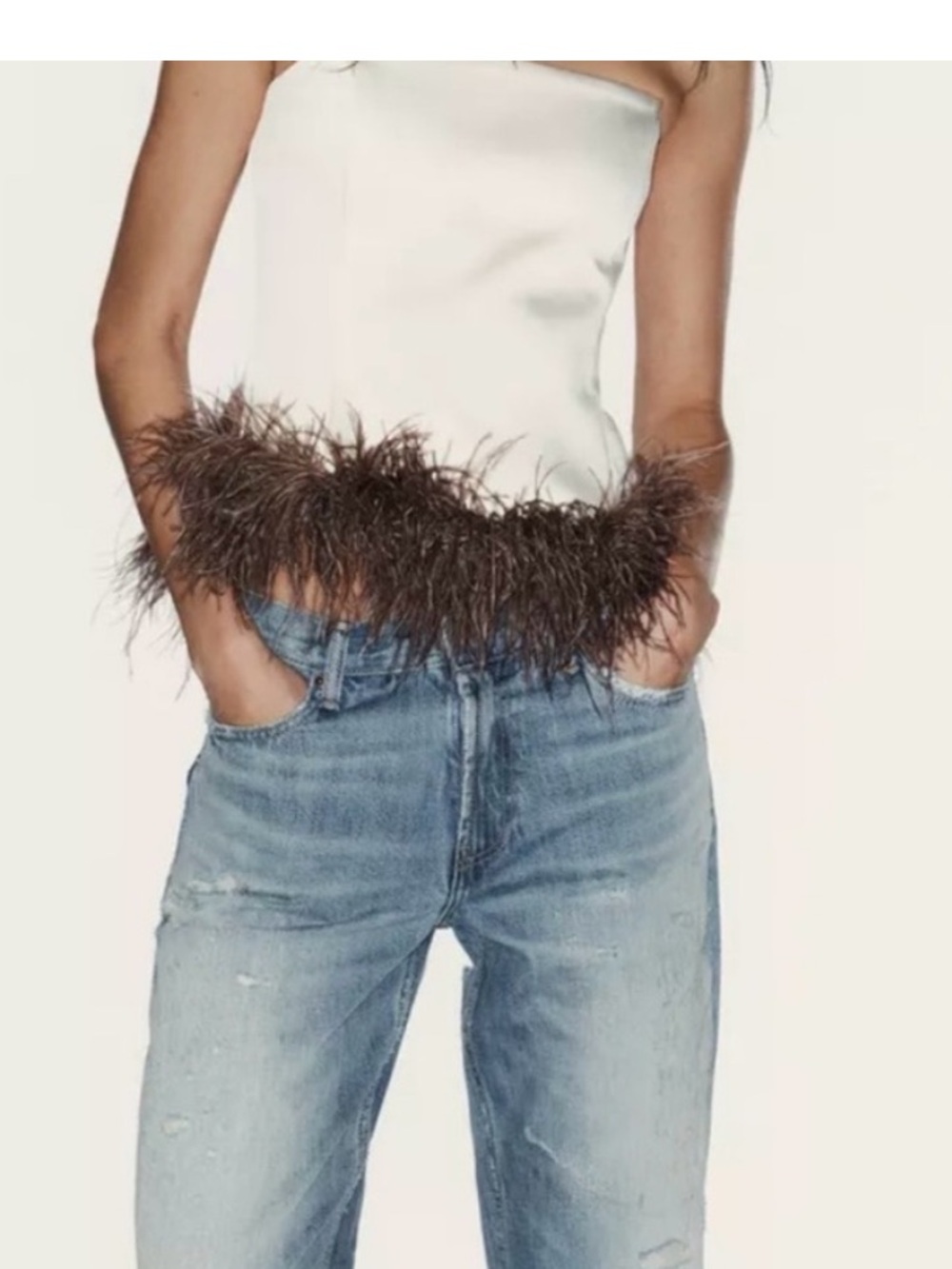 Zara Cream Strapless Camisole with Brown Feather Hem - Picture 7 of 8